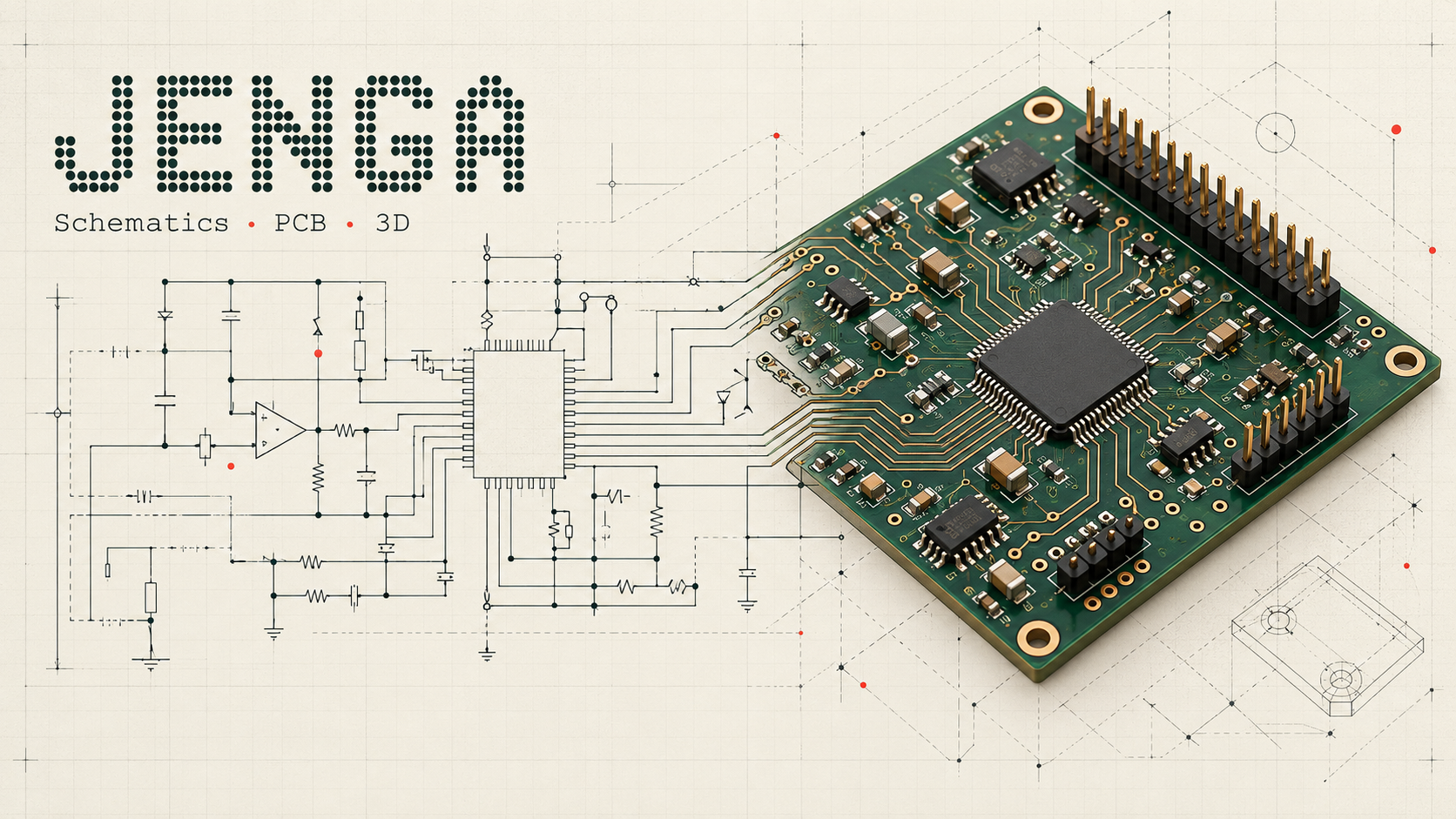 Conceptual illustration of a schematic flowing into a green printed circuit board